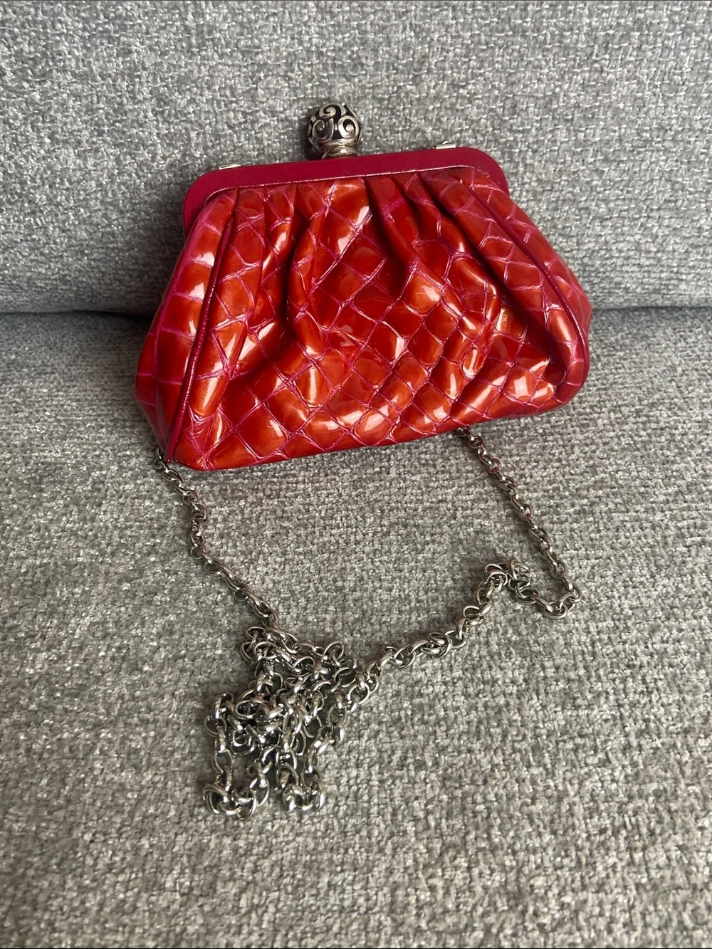 Brighton Red Quilted Patent Clutch with Chain Strap